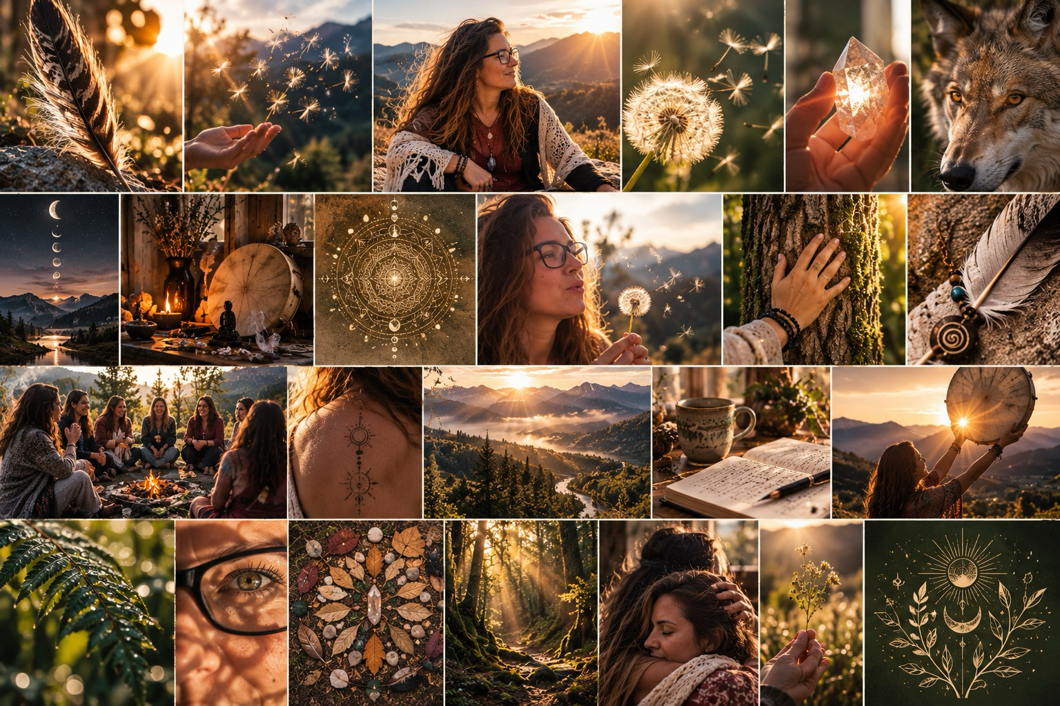 Moodboard aportado por Khey: naturaleza, mujer, tambor, lobos, minerales, bosque y comunidad.